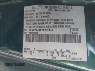 2000 Ford Mustang with VIN 1FAFP444XYF207441, listed as a IAAI auction lot 42120700 with 119,335 mi miles. Bid and sale history available at carsss.com. Image 9.