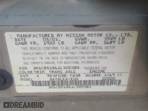 2001 Nissan Sentra GXE z VIN 3N1CB51D61L500385, wystawiony jako IAAI lot #28091277 z przebiegiem 172 807 mil mil oraz . Historia ofert i sprzedaży dostępna na DreamBid. Obrazek 9.