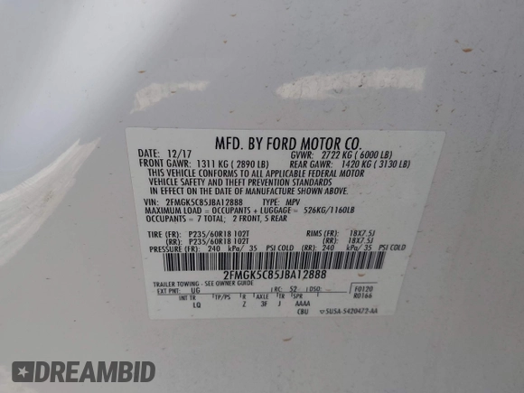 2018 Ford Flex SEL z VIN 2FMGK5C85JBA12888, wystawiony jako IAAI lot #41865380 z przebiegiem 160 425 mil mil oraz . Historia ofert i sprzedaży dostępna na DreamBid. Obrazek 9.