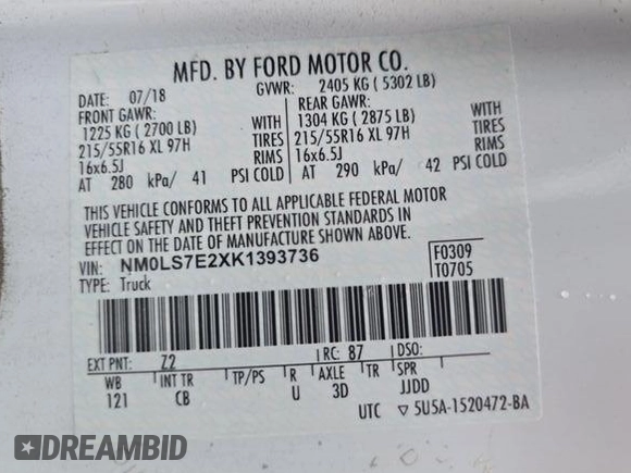 2019 Ford Transit Connect XL with VIN NM0LS7E2XK1393736, listed as a IAAI auction lot 42729520 with 92,733 mi miles and . Bid and sale history available at DreamBid. Image 15.