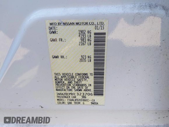 2015 Nissan LEAF SV with VIN 1N4AZ0CP9FC323706, listed as a IAAI auction lot 41631924 with 76,042 mi miles. Bid and sale history available at carsss.com. Image 9.