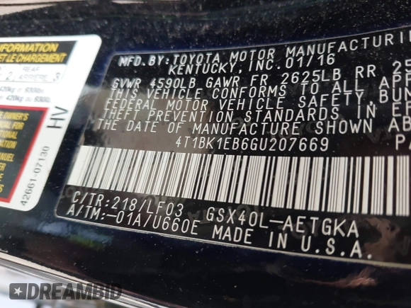 2016 Toyota Avalon Limited with VIN 4T1BK1EB6GU207669, listed as a IAAI auction lot 42122285 with 27,012 mi miles and . Bid and sale history available at carsss.com. Image 9.
