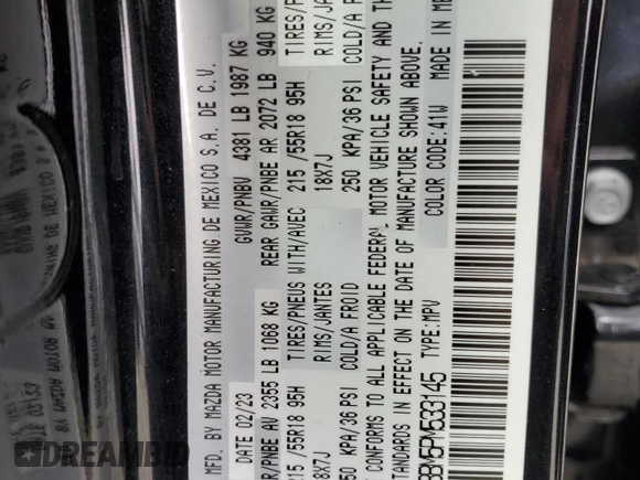 2023 Mazda CX-30 S Select z VIN 3MVDMBBM5PM533145, wystawiony jako Copart lot #53664995 z przebiegiem 45 775 mil mil oraz Szkoda całkowita • Salvage title. Historia ofert i sprzedaży dostępna na DreamBid. Obrazek 13.