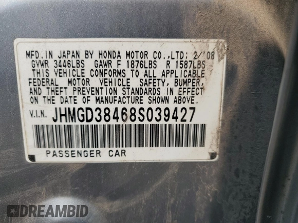 2008 Honda Fit z VIN JHMGD38468S039427, wystawiony jako Copart lot #59571995 z przebiegiem 125 476 mil mil oraz Szkoda całkowita • Salvage title. Historia ofert i sprzedaży dostępna na DreamBid. Obrazek 12.