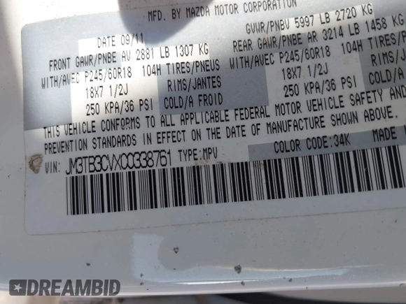 2012 Mazda CX-9 Touring z VIN JM3TB3CVXC0338761, wystawiony jako IAAI lot #42386603 z przebiegiem 166 217 mil mil oraz . Historia ofert i sprzedaży dostępna na DreamBid. Obrazek 9.