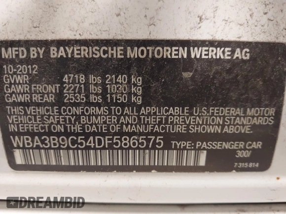 2013 BMW 3 Series 335i xDrive with VIN WBA3B9C54DF586575, listed as a IAAI auction lot 42285797 with 204,461 mi miles and . Bid and sale history available at DreamBid. Image 9.