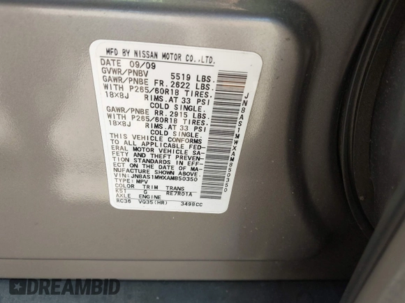 2010 Infiniti FX with VIN JN8AS1MWXAM850350, listed as a IAAI auction lot 42466041 with Not provided miles and . Bid and sale history available at DreamBid. Image 9.