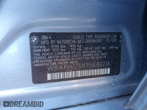 2009 BMW 3 Series 328i z VIN WBAPH775X9NL82214, wystawiony jako Copart lot #50317875 z przebiegiem Nie podano mil oraz Nie do naprawy • Non repairable. Historia ofert i sprzedaży dostępna na DreamBid. Obrazek 12.