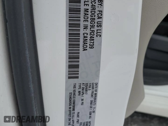 2020 Dodge Grand Caravan SE with VIN 2C4RDGBG9LR248739, listed as a Copart auction lot 87354994 with 72,651 mi miles and Salvage Title. Bid and sale history available at DreamBid. Image 13.