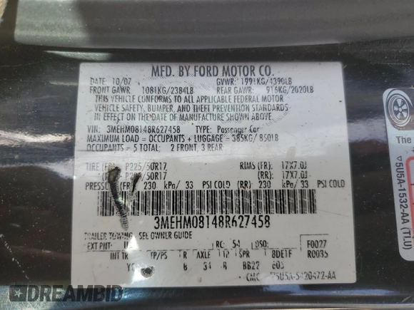 2008 Mercury Milan Premier z VIN 3MEHM08148R627458, wystawiony jako Copart lot #43215655 z przebiegiem 222 109 mil mil oraz Szkoda całkowita • Salvage title. Historia ofert i sprzedaży dostępna na DreamBid. Obrazek 14.