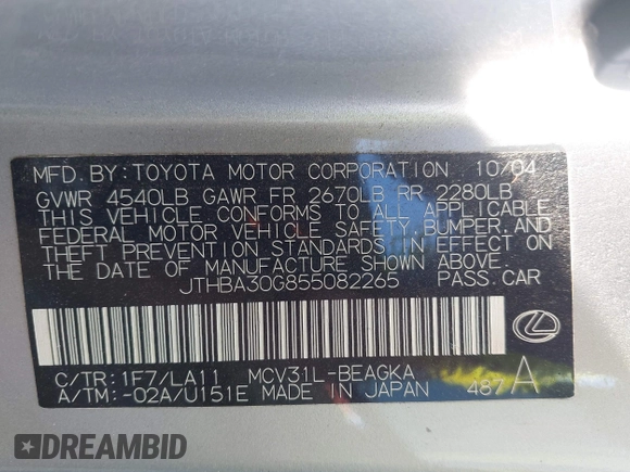 2005 Lexus ES 350 with VIN JTHBA30G855082265, listed as a IAAI auction lot 42686799 with 237,959 mi miles and . Bid and sale history available at DreamBid. Image 9.