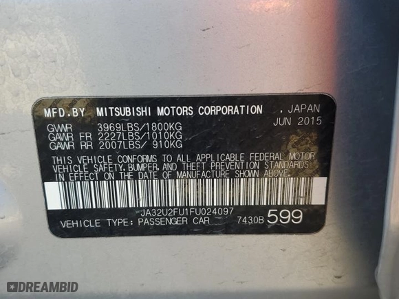 2015 Mitsubishi Lancer ES with VIN JA32U2FU1FU024097, listed as a Copart auction lot 72535844 with 84457 miles and Clean Title. Bid and sale history available at carsss.com. Image 12.