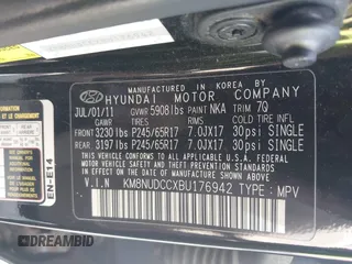 2011 Hyundai Veracruz GLS with VIN KM8NUDCCXBU176942, listed as a IAAI auction lot 41837043 with 128,446 mi miles and . Bid and sale history available at DreamBid. Image 9.