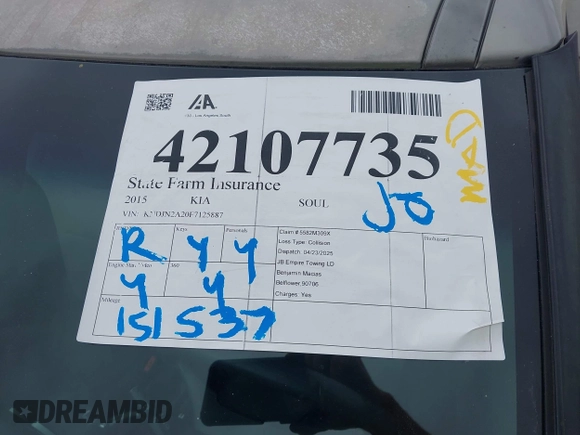 2015 Kia Soul with VIN KNDJN2A20F7125887, listed as a IAAI auction lot 42107735 with 151,537 mi miles and . Bid and sale history available at DreamBid. Image 18.