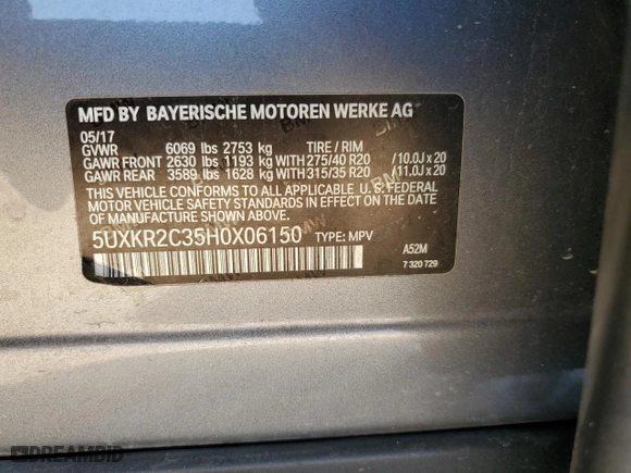 2017 BMW X5 sDrive35i with VIN 5UXKR2C35H0X06150, listed as a Copart auction lot 52978075 with 83,068 mi miles and Salvage Title. Bid and sale history available at carsss.com. Image 13.