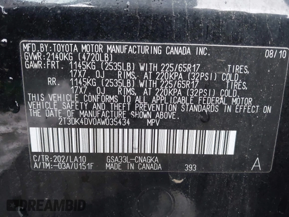 2010 Toyota RAV4 Ltd with VIN 2T3DK4DV0AW035434, listed as a IAAI auction lot 41987692 with 100,380 mi miles. Bid and sale history available at carsss.com. Image 9.