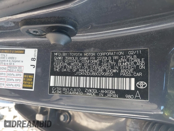 2011 Toyota Prius I with VIN JTDKN3DU8B0290855, listed as a IAAI auction lot 41987491 with 163,456 mi miles. Bid and sale history available at carsss.com. Image 9.