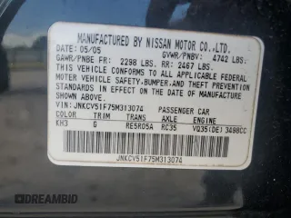 2005 Infiniti G35 with VIN JNKCV51F75M313074, listed as a Copart auction lot 54446015 with 203,991 mi miles and Salvage Title. Bid and sale history available at DreamBid. Image 12.
