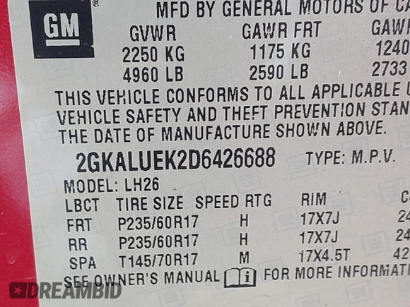 2013 GMC Terrain SLT with VIN 2GKALUEK2D6426688, listed as a IAAI auction lot 42540939 with 121,470 mi miles and . Bid and sale history available at DreamBid. Image 9.