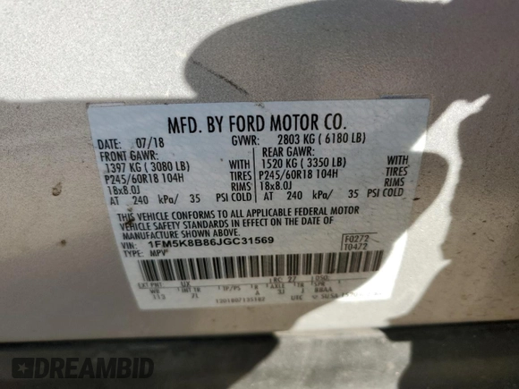 2018 Ford Explorer z VIN 1FM5K8B86JGC31569, wystawiony jako Copart lot #45784385 z przebiegiem 147 585 mil mil oraz Szkoda całkowita • Salvage title. Historia ofert i sprzedaży dostępna na DreamBid. Obrazek 15.