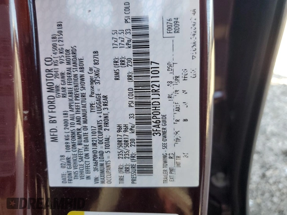 2018 Ford Fusion SE with VIN 3FA6P0HD1JR211017, listed as a Copart auction lot 48251365 with 48,363 mi miles and Salvage Title. Bid and sale history available at DreamBid. Image 12.