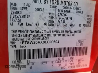 2008 Ford F-250 XL with VIN 1FTSW20RX8EC90604, listed as a Copart auction lot 63069585 with 280,927 mi miles and Clean title. Bid and sale history available at DreamBid. Image 12.