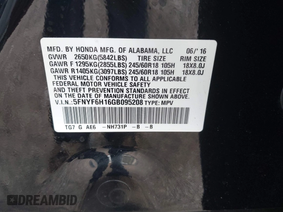 2016 Honda Pilot LX with VIN 5FNYF6H16GB095208, listed as a IAAI auction lot 40512118 with 150,280 mi miles. Bid and sale history available at carsss.com. Image 9.
