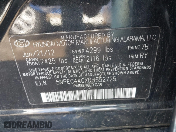 2013 Hyundai Sonata Limited with VIN 5NPEC4ACXDH552725, listed as a IAAI auction lot 42224971 with 153,000 mi miles and . Bid and sale history available at DreamBid. Image 9.