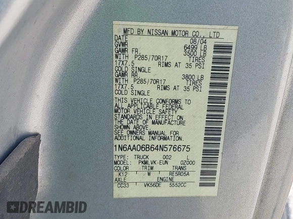 2004 Nissan Titan SE с VIN 1N6AA06B64N576675, выставлен на аукционе IAAI как лот 42689929 с пробегом 57 120 миль миль и . История ставок и продаж доступна на DreamBid. Изображение 9.
