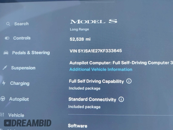 2019 Tesla Model S 75D z VIN 5YJSA1E27KF333645, wystawiony jako IAAI lot #41647989 z przebiegiem 52 528 mil mil oraz . Historia ofert i sprzedaży dostępna na DreamBid. Obrazek 16.