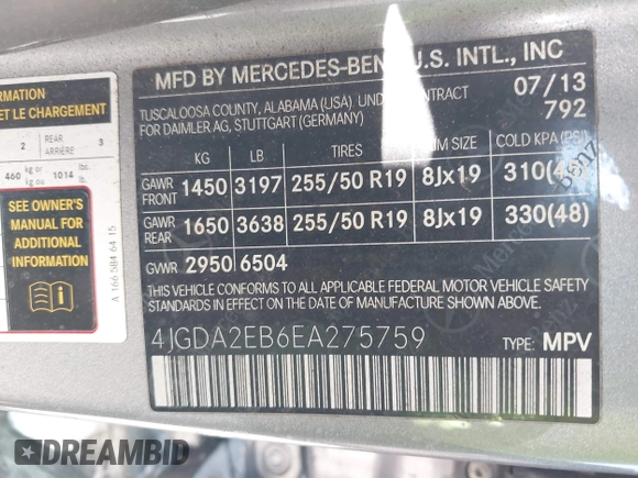 2014 Mercedes-Benz M 350 with VIN 4JGDA2EB6EA275759, listed as a IAAI auction lot 40403071 with 75,095 mi miles and . Bid and sale history available at DreamBid. Image 9.