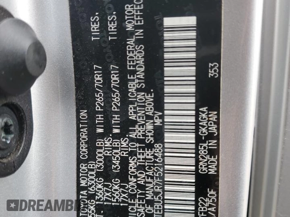 2015 Toyota 4Runner Limited with VIN JTEBU5JR7F5216488, listed as a Copart auction lot 59758695 with Not provided miles and Salvage title. Bid and sale history available at DreamBid. Image 13.