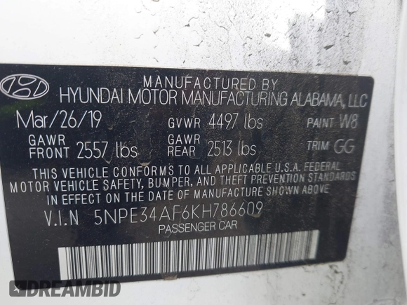 2019 Hyundai Sonata SEL with VIN 5NPE34AF6KH786609, listed as a IAAI auction lot 41561229 with 90,724 mi miles and . Bid and sale history available at DreamBid. Image 9.
