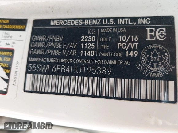 2017 Mercedes-Benz C 43 AMG with VIN 55SWF6EB4HU195389, listed as a IAAI auction lot 42101736 with 69,549 mi miles and . Bid and sale history available at DreamBid. Image 9.
