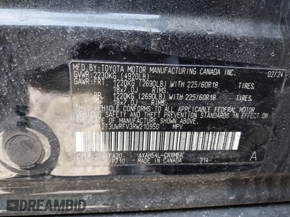 2024 Toyota RAV4 Hybrid LE with VIN 2T3UWRFV3RW210950, listed as a IAAI auction lot 41650143 with 18,005 mi miles and . Bid and sale history available at DreamBid. Image 9.