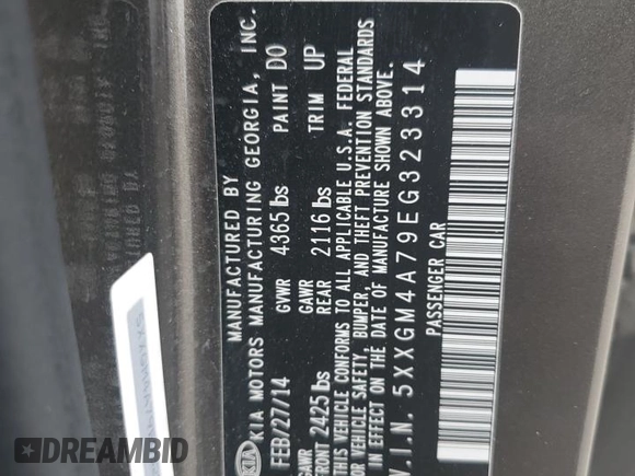 2014 Kia Optima LX with VIN 5XXGM4A79EG323314, listed as a Copart auction lot 49127304 with 94,269 mi miles and Salvage Title. Bid and sale history available at carsss.com. Image 12.