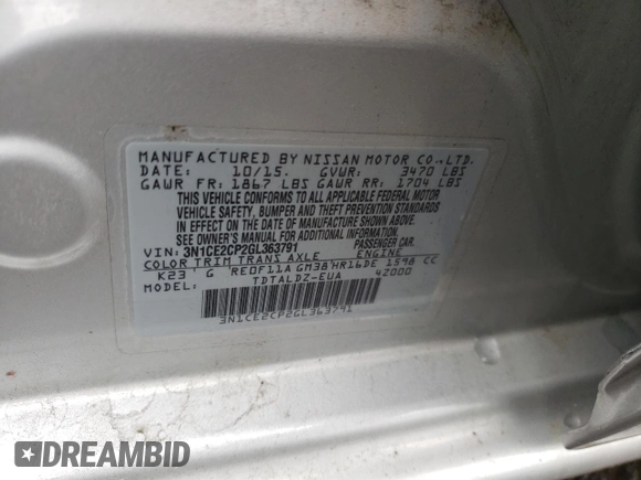 2016 Nissan Note SV with VIN 3N1CE2CP2GL363791, listed as a Copart auction lot 59878715 with 45,923 mi miles and Salvage title. Bid and sale history available at DreamBid. Image 13.