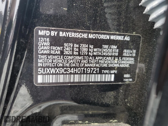 2017 BMW X3 xDrive28i z VIN 5UXWX9C34H0T19721, wystawiony jako Copart lot #54529775 z przebiegiem 90 428 mil mil oraz Szkody całkowita. Historia ofert i sprzedaży dostępna na DreamBid. Obrazek 13.