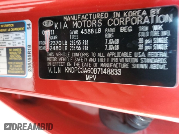 2011 Kia Sportage SX with VIN KNDPC3A60B7148833, listed as a Copart auction lot 43017315 with 146,356 mi miles and Clean title. Bid and sale history available at DreamBid. Image 12.