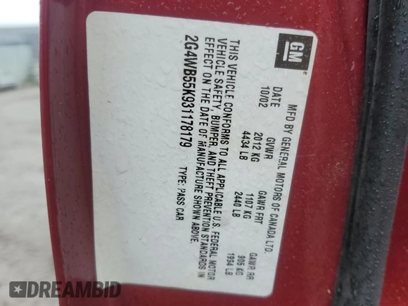 2003 Buick Regal LS с VIN 2G4WB55K931178179, выставлен на аукционе Copart как лот 57632725 с пробегом 70 796 миль миль и Чистый • Clean title. История ставок и продаж доступна на DreamBid. Изображение 12.
