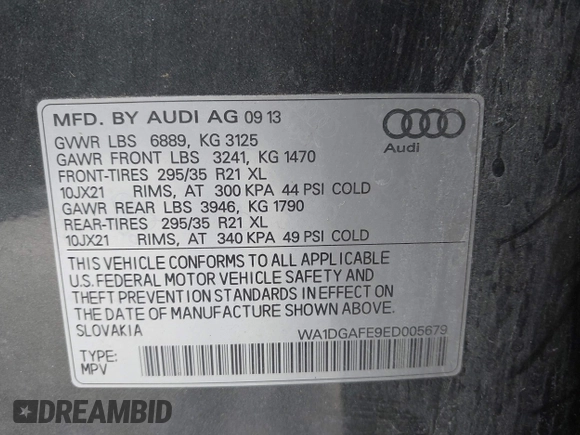 2014 Audi Q7 3.0T S line Prestige with VIN WA1DGAFE9ED005679, listed as a IAAI auction lot 42010534 with 46,235 mi miles. Bid and sale history available at carsss.com. Image 9.