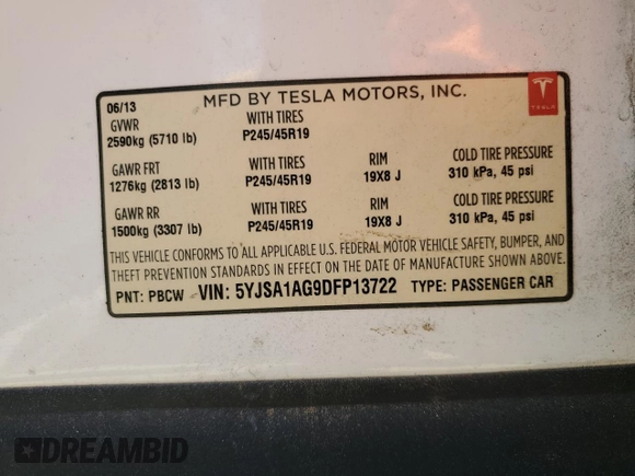 2013 Tesla Model S with VIN 5YJSA1AG9DFP13722, listed as a Copart auction lot 55988075 with 155,575 mi miles and Salvage Title. Bid and sale history available at DreamBid. Image 13.