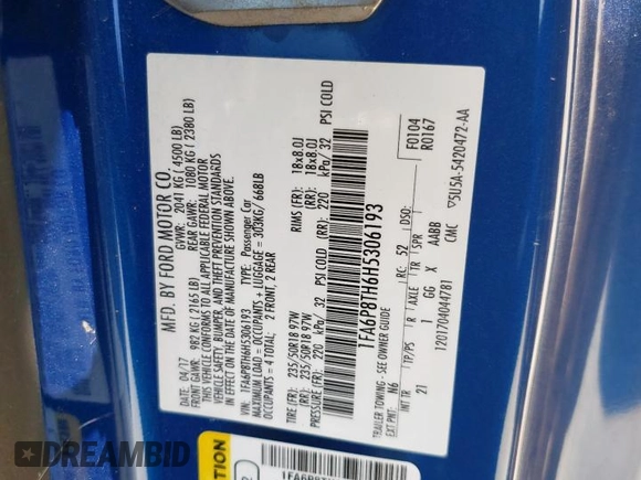 2017 Ford Mustang EcoBoost z VIN 1FA6P8TH6H5306193, wystawiony jako Copart lot #57305845 z przebiegiem 76 827 mil mil oraz Szkoda całkowita • Salvage title. Historia ofert i sprzedaży dostępna na DreamBid. Obrazek 12.