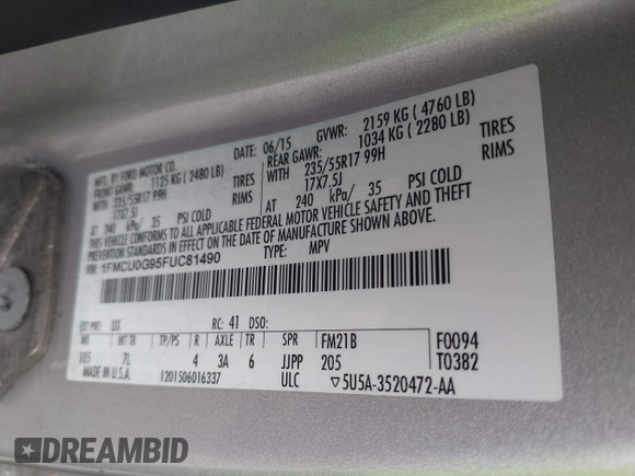 2015 Ford Escape SE with VIN 1FMCU0G95FUC81490, listed as a IAAI auction lot 42136791 with 140,967 mi miles. Bid and sale history available at carsss.com. Image 9.