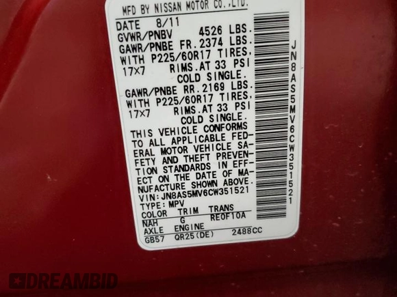 2012 Nissan Rogue SV with VIN JN8AS5MV6CW351521, listed as a Copart auction lot 54097525 with 80,615 mi miles and Non Repairable. Bid and sale history available at carsss.com. Image 13.