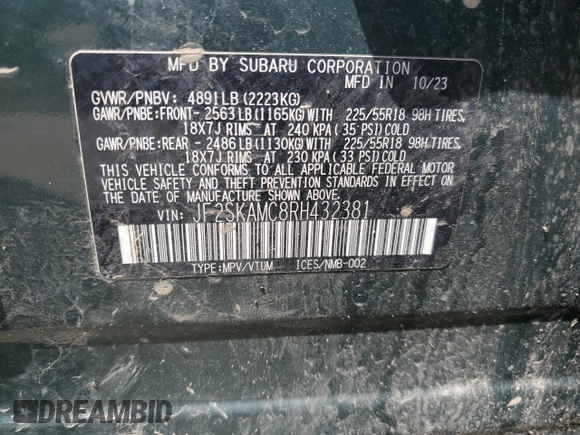 2024 Subaru Forester Touring with VIN JF2SKAMC8RH432381, listed as a Copart auction lot 56957295 with 62,132 mi miles and Salvage title. Bid and sale history available at DreamBid. Image 14.