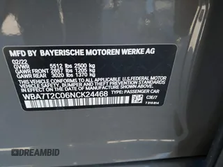 2022 BMW 7 Series 740i with VIN WBA7T2C06NCK24468, listed as a IAAI auction lot 41482722 with 1 mi miles. Bid and sale history available at carsss.com. Image 9.