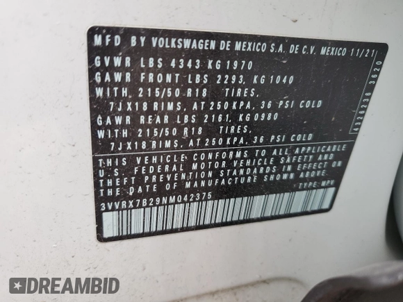 2022 Volkswagen Taos SE с VIN 3VVRX7B29NM042375, выставлен на аукционе Copart как лот 50541045 с пробегом 25 547 миль миль и На запчасти • Non repairable. История ставок и продаж доступна на DreamBid. Изображение 14.