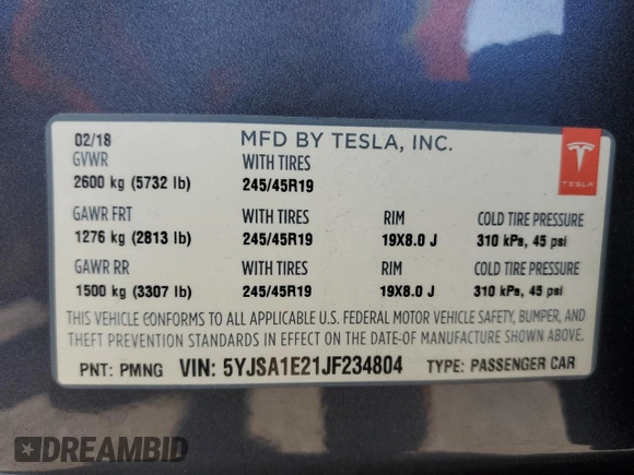 2018 Tesla Model S 75D с VIN 5YJSA1E21JF234804, выставлен на аукционе Copart как лот 56966355 с пробегом 56 379 миль миль и Списание • Salvage title. История ставок и продаж доступна на DreamBid. Изображение 12.
