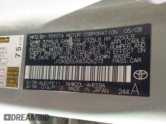 2008 Toyota Prius with VIN JTDKB20UX83426273, listed as a IAAI auction lot 42316082 with 199,927 mi miles and . Bid and sale history available at DreamBid. Image 9.